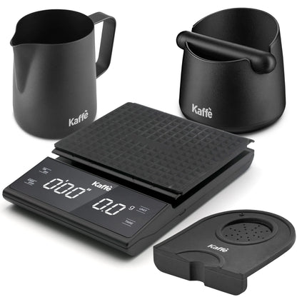 Espresso Tool Kit, 4-Piece Set – Digital Scale, Knock Box, Milk Frothing Pitcher, and Tamping Mat for Espresso Machines