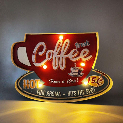 Retro Coffee Sign, Metal & Wood, 16"X11"X2", LED & Neon, Perfect for Home & Coffee Shop Decor