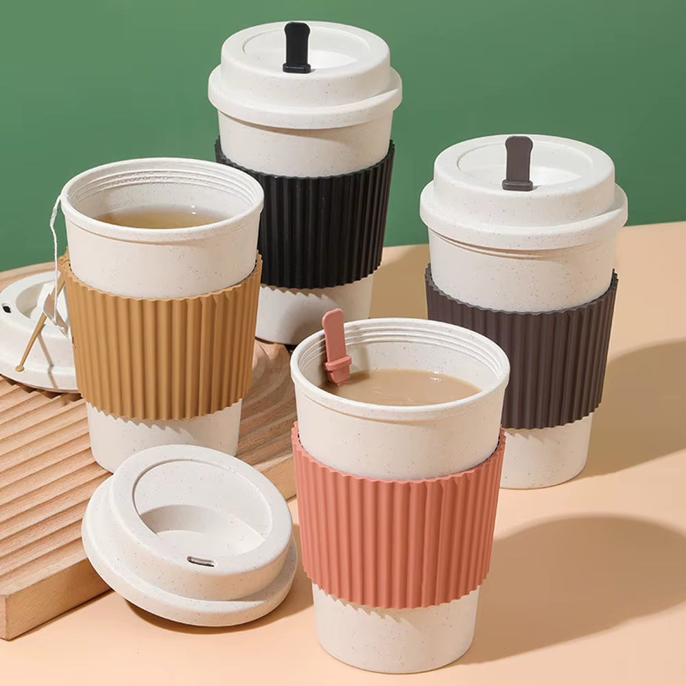 450ML Coffee Cups with Lids Wheat Straw Reusable Portable Coffee Cup Dishwasher Safe Coffee Mug Coffee Tea Travel Cups