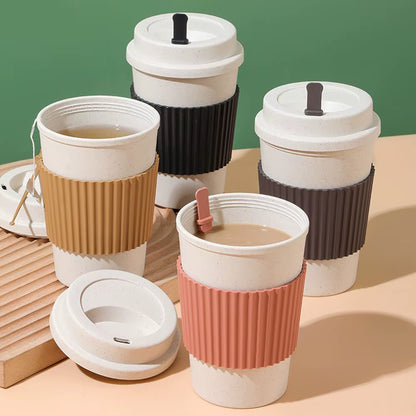 450ML Coffee Cups with Lids Wheat Straw Reusable Portable Coffee Cup Dishwasher Safe Coffee Mug Coffee Tea Travel Cups
