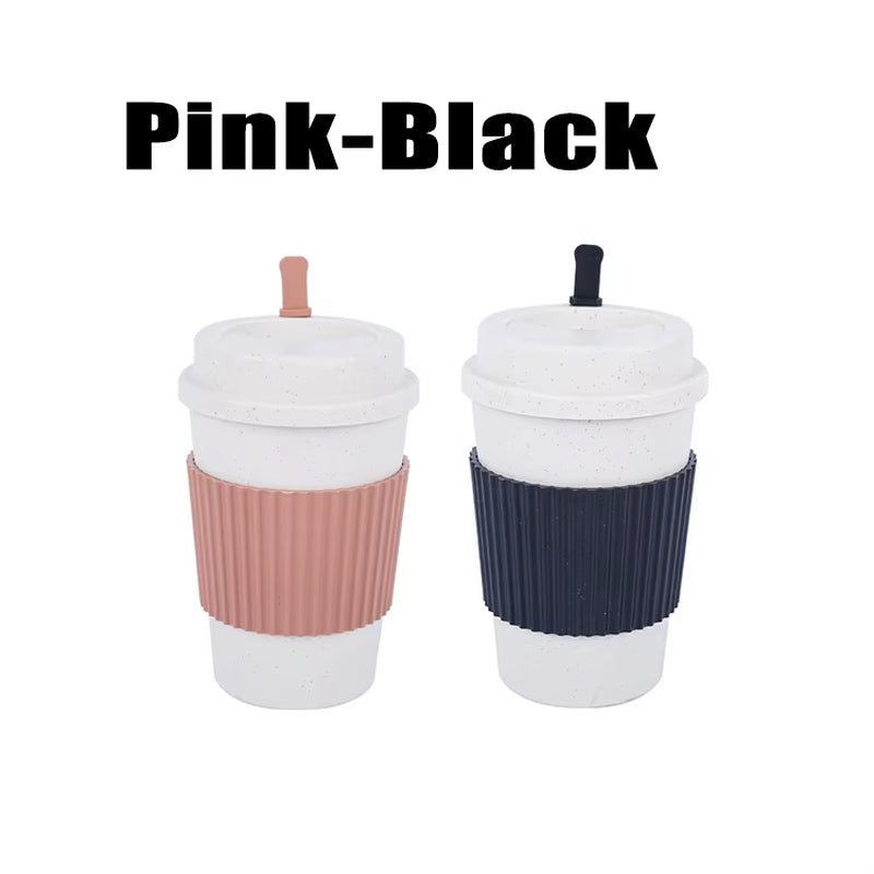 450ML Coffee Cups with Lids Wheat Straw Reusable Portable Coffee Cup Dishwasher Safe Coffee Mug Coffee Tea Travel Cups