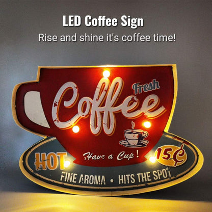 Retro Coffee Sign, Metal & Wood, 16"X11"X2", LED & Neon, Perfect for Home & Coffee Shop Decor
