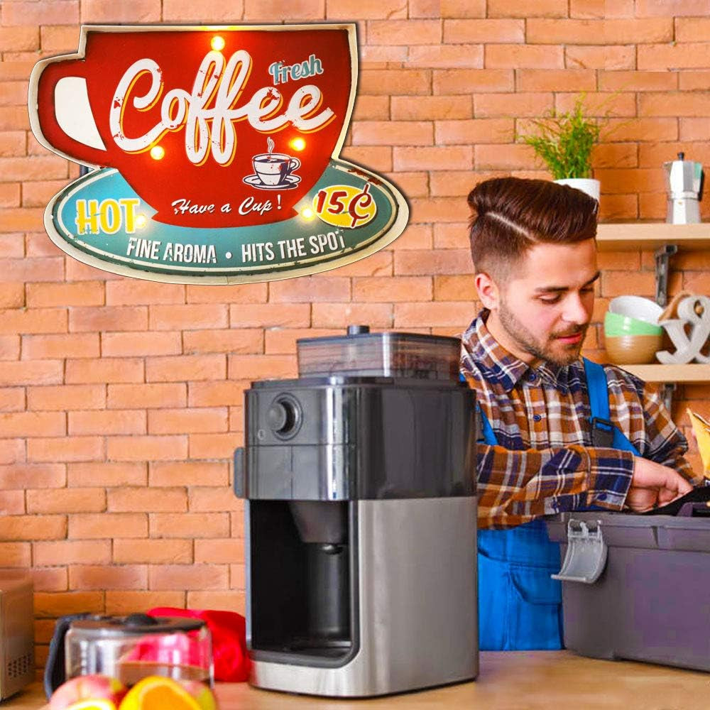 Retro Coffee Sign, Metal & Wood, 16"X11"X2", LED & Neon, Perfect for Home & Coffee Shop Decor