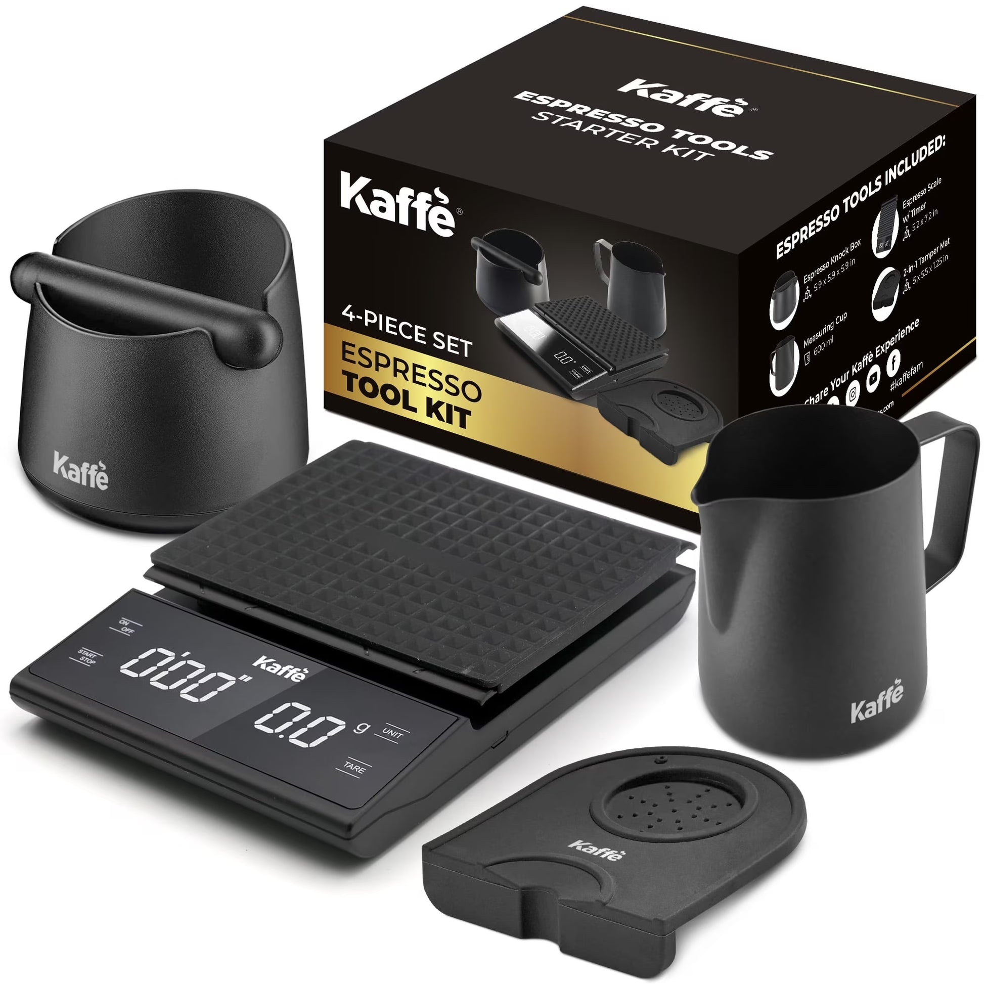 Espresso Tool Kit, 4-Piece Set – Digital Scale, Knock Box, Milk Frothing Pitcher, and Tamping Mat for Espresso Machines