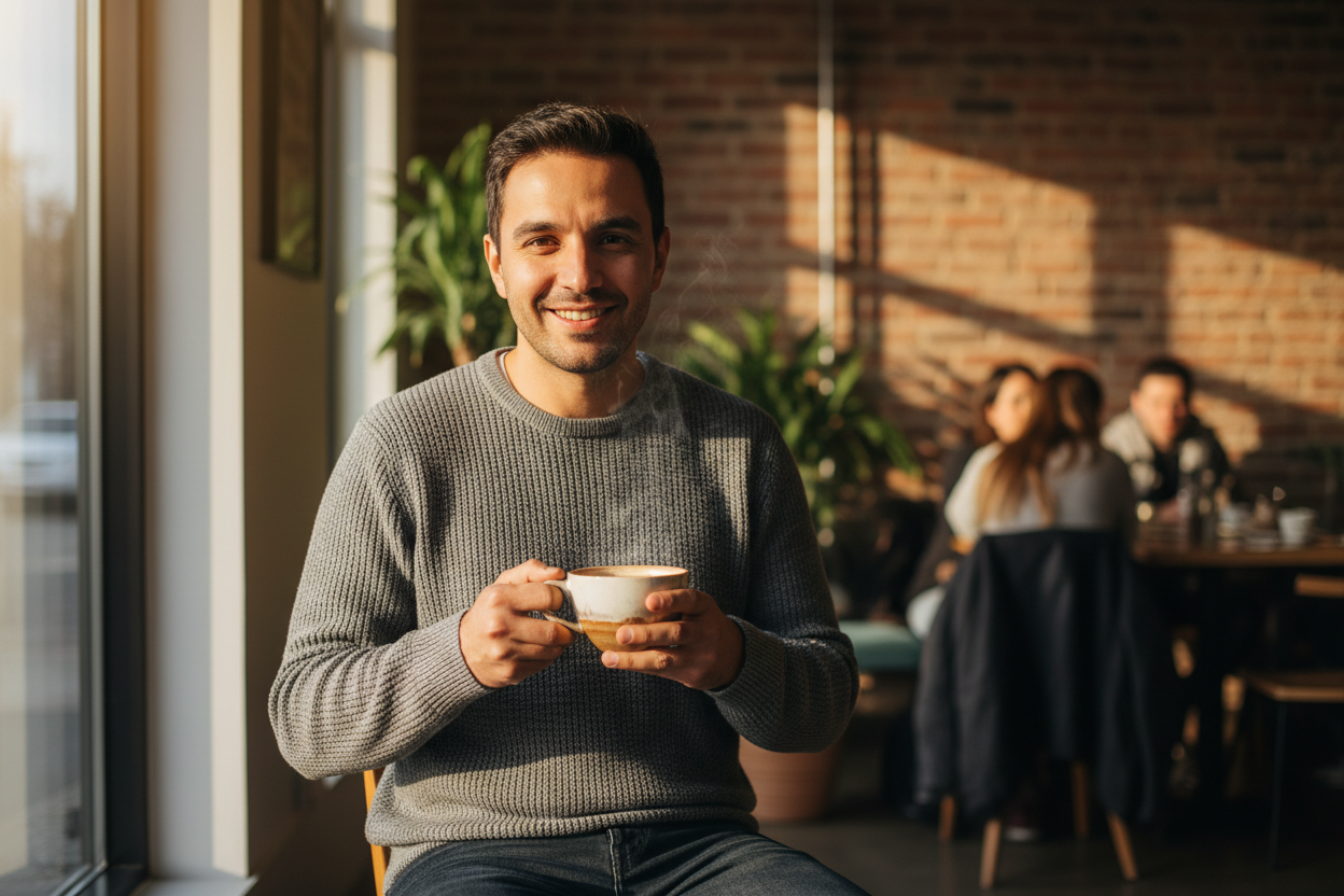 a guy holding a cup of coffee
