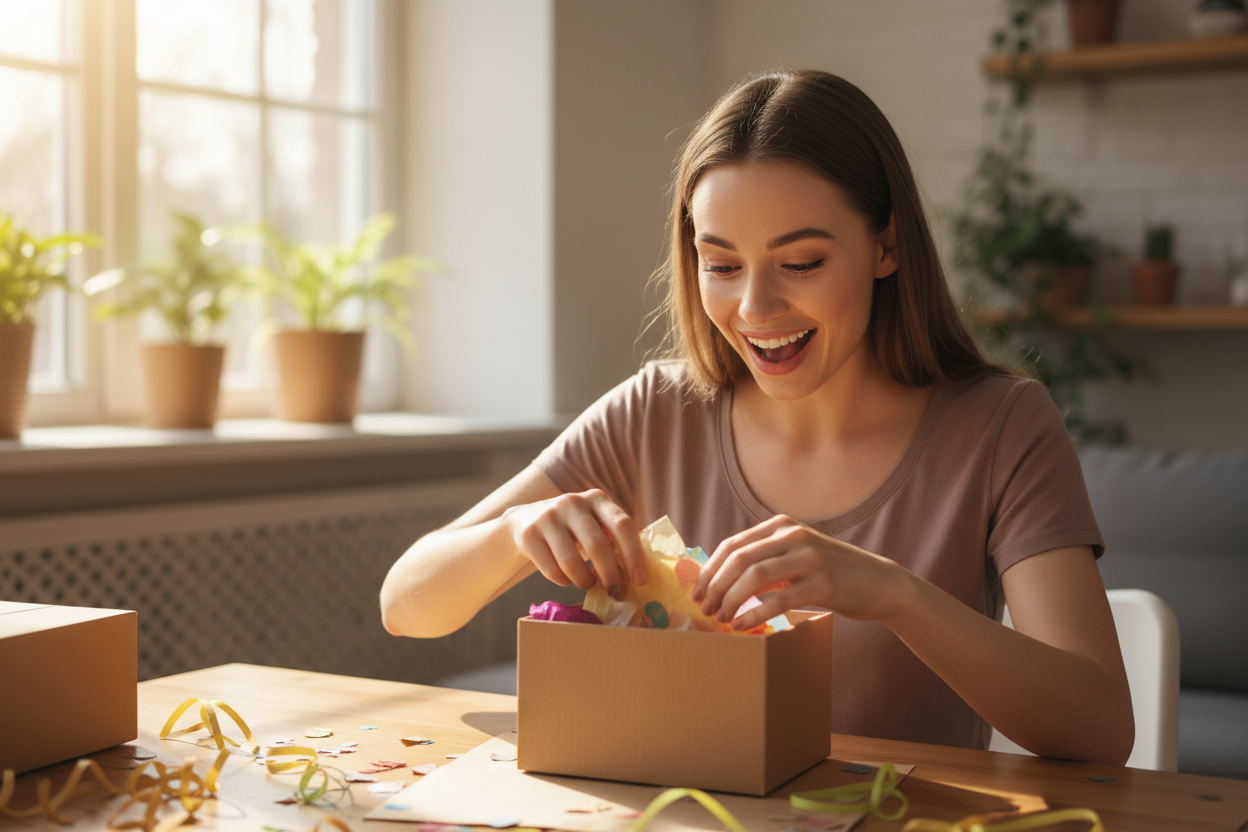 a lady opening a small parcel and looks very excited