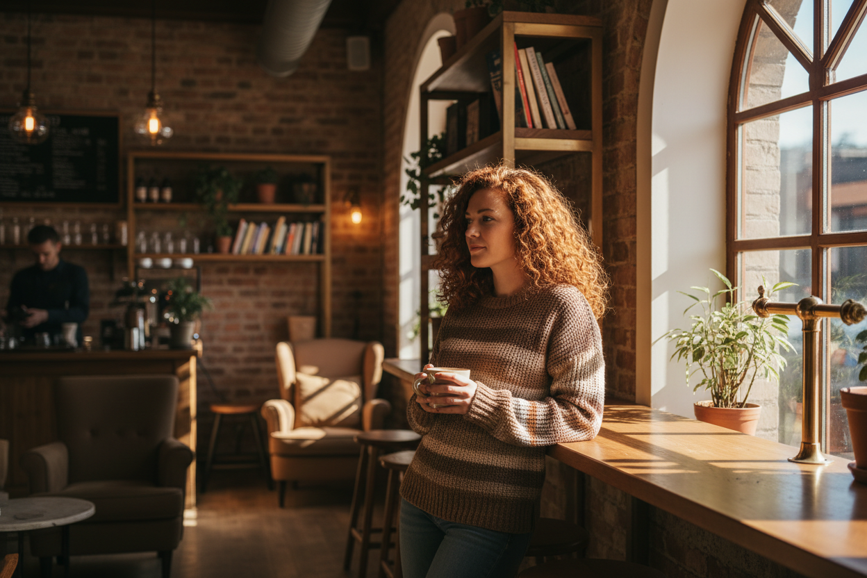 a lady with curly hair leaning on a bar in a cafe