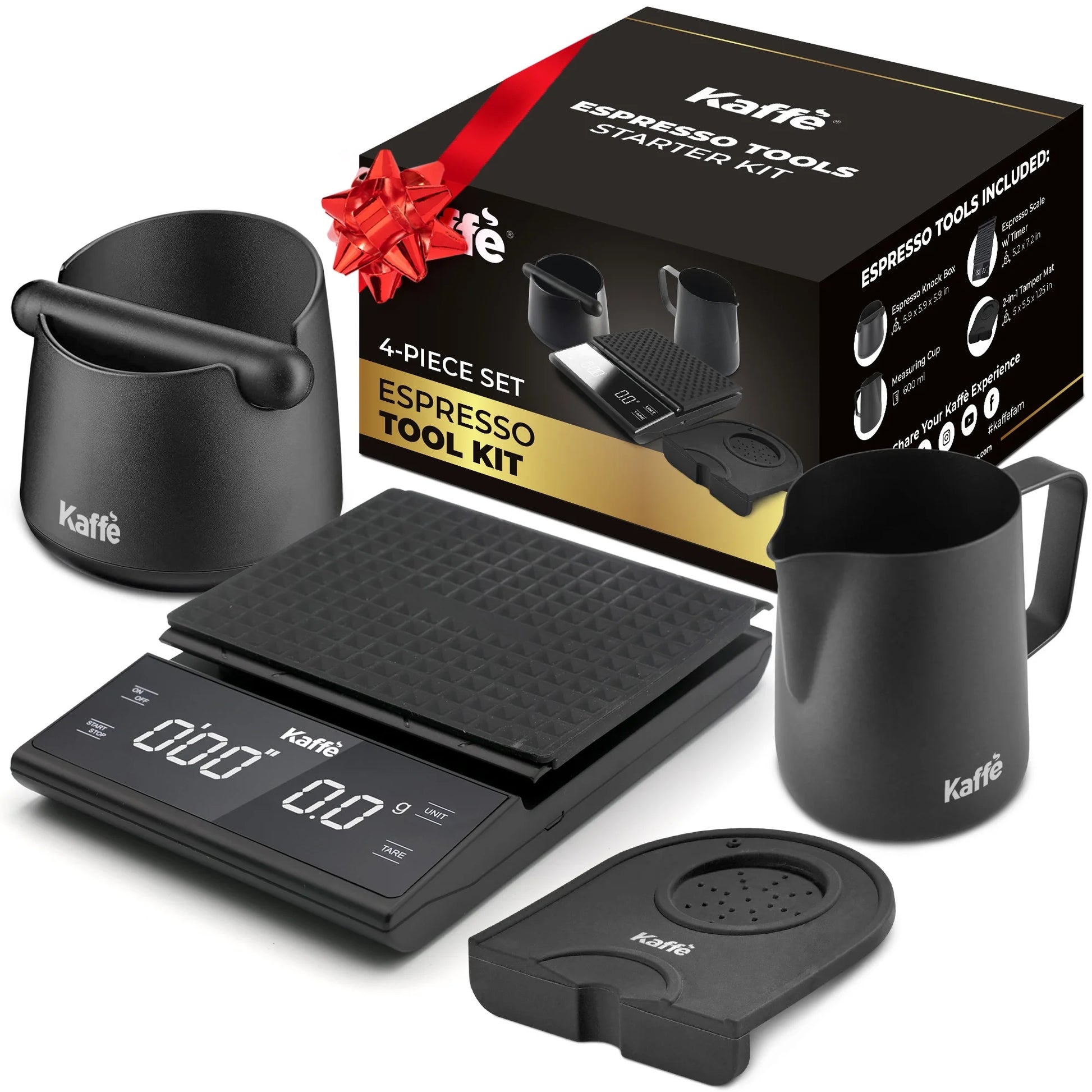 Espresso Tool Kit, 4-Piece Set – Digital Scale, Knock Box, Milk Frothing Pitcher, and Tamping Mat for Espresso Machines
