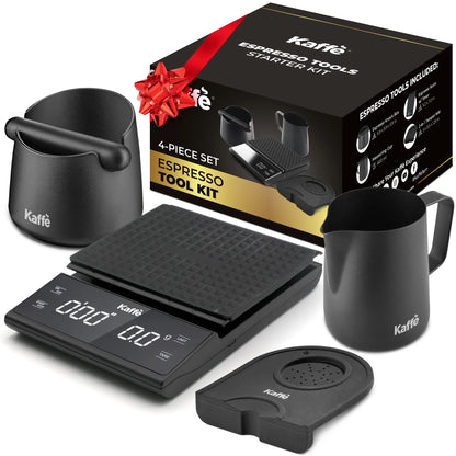 Espresso Tool Kit, 4-Piece Set – Digital Scale, Knock Box, Milk Frothing Pitcher, and Tamping Mat for Espresso Machines