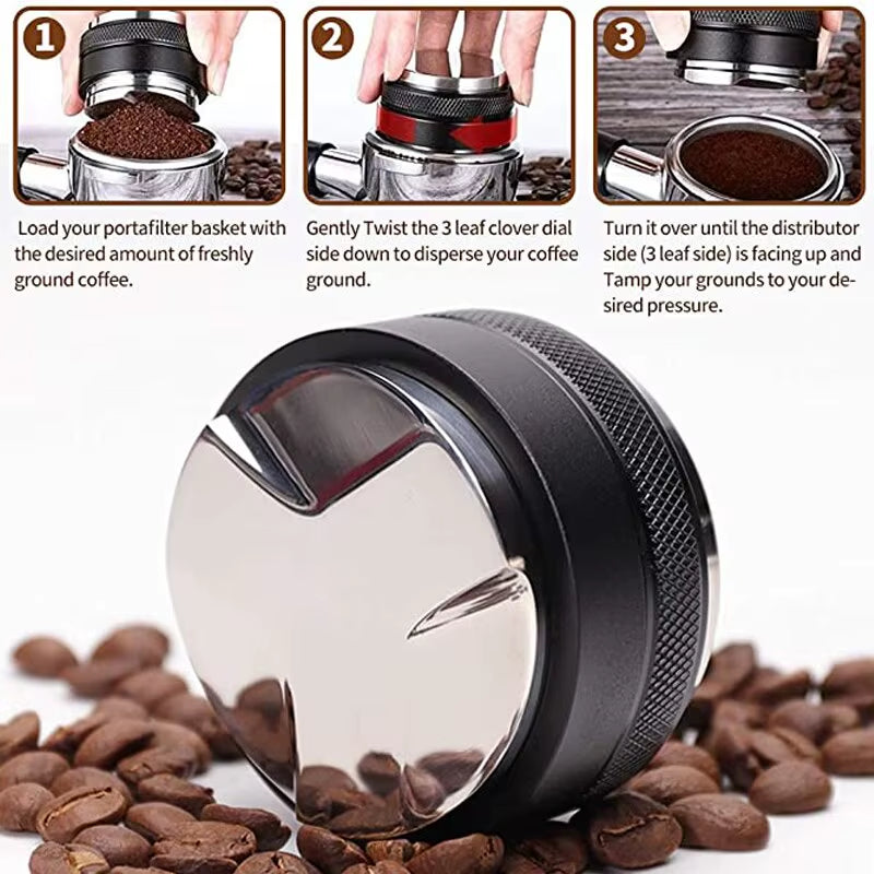 51/53/58Mm Coffee Distributor & Tamper, Dual Head Coffee Leveler Fits, Adjustable Depth-Espresso 3Angled and Flat Tampers