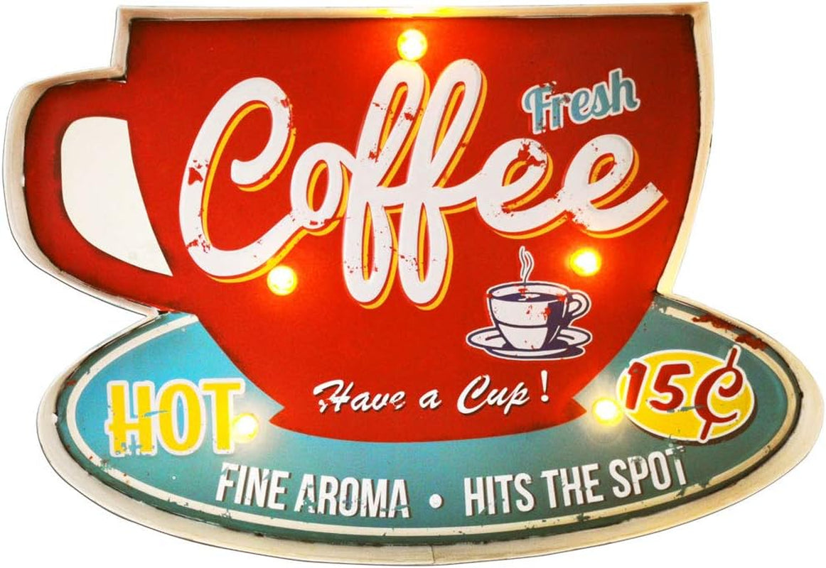 Retro Coffee Sign, Metal & Wood, 16"X11"X2", LED & Neon, Perfect for Home & Coffee Shop Decor