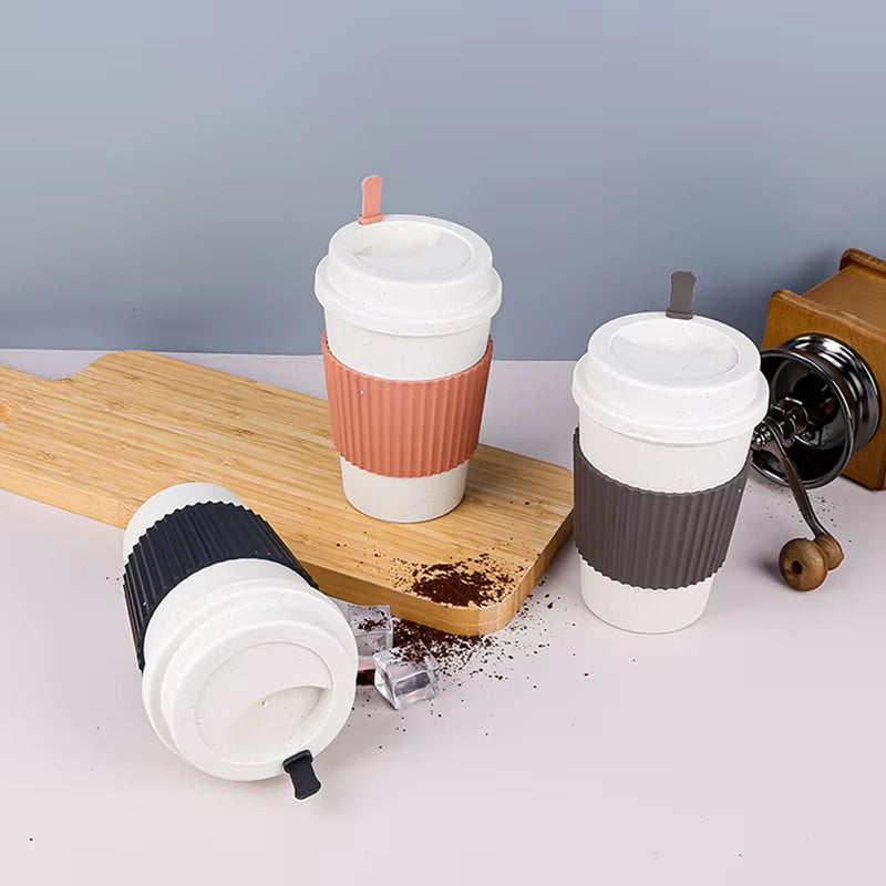 450ML Coffee Cups with Lids Wheat Straw Reusable Portable Coffee Cup Dishwasher Safe Coffee Mug Coffee Tea Travel Cups
